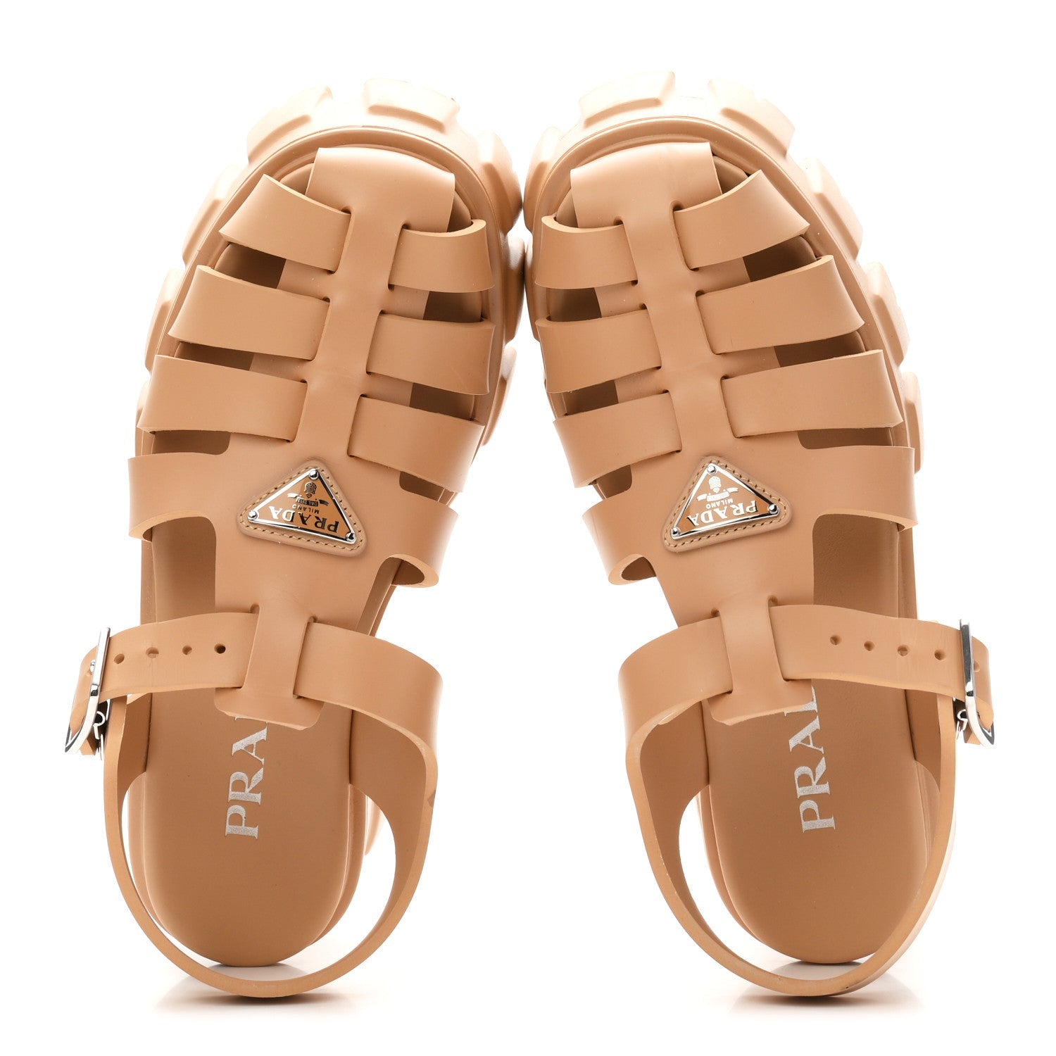 Prada Foam Rubber Metal Triangle Logo Monolith 55mm Cage Sandals 37 Barley