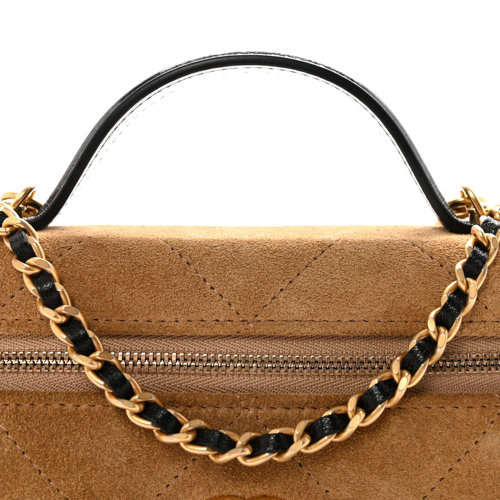 Chanel Suede Calfskin Shiny Lambskin Quilted Top Handle Slim Vanity Case With Chain Beige Black