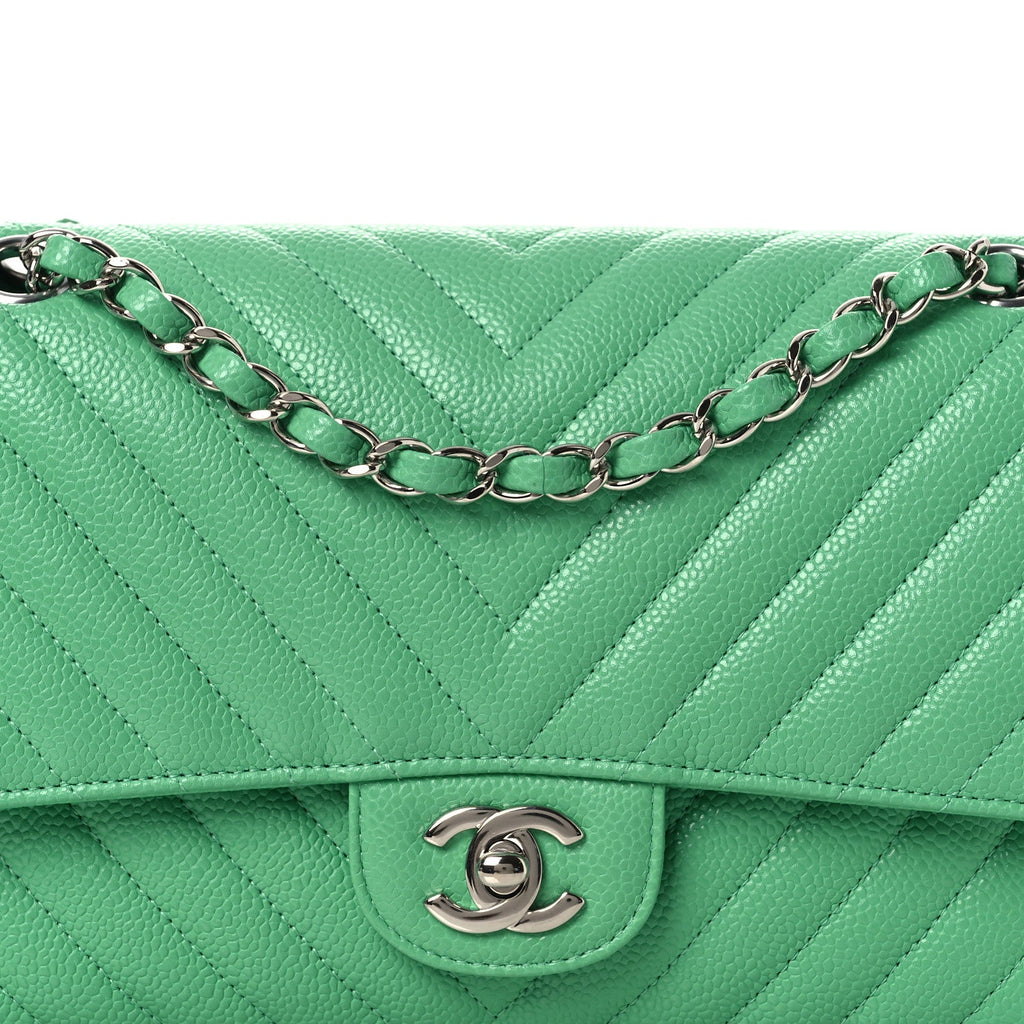Chanel Caviar Chevron Quilted Medium Double Flap Green