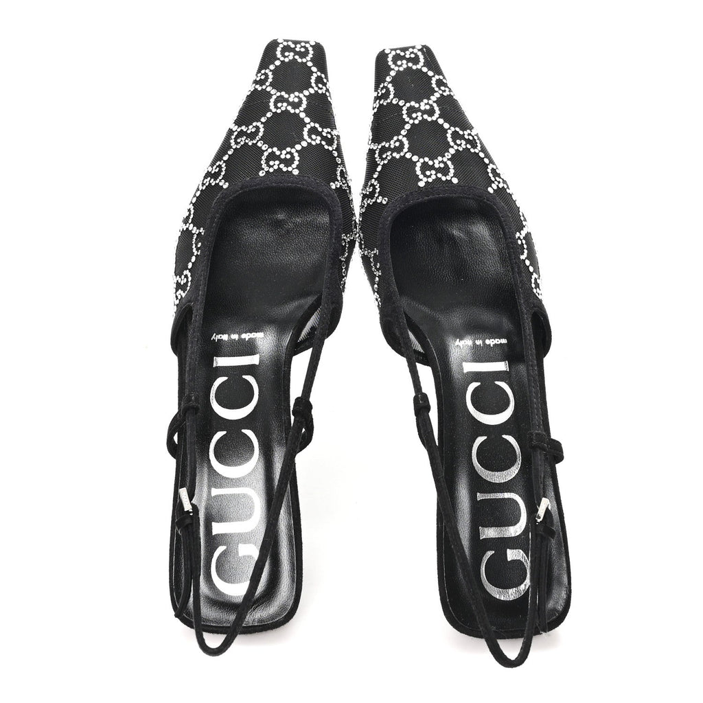Gucci Tela Retino Kid Scamosciato Crystal GG Monogram Square G 35mm Slingback Pumps 37.5 Black