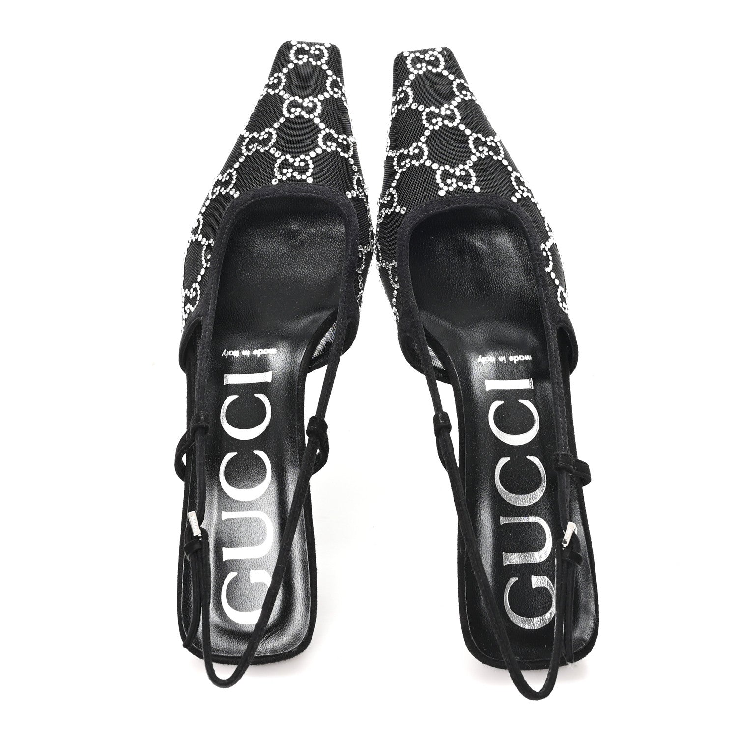 Gucci Tela Retino Kid Scamosciato Crystal GG Monogram Square G 35mm Slingback Pumps 37.5 Black