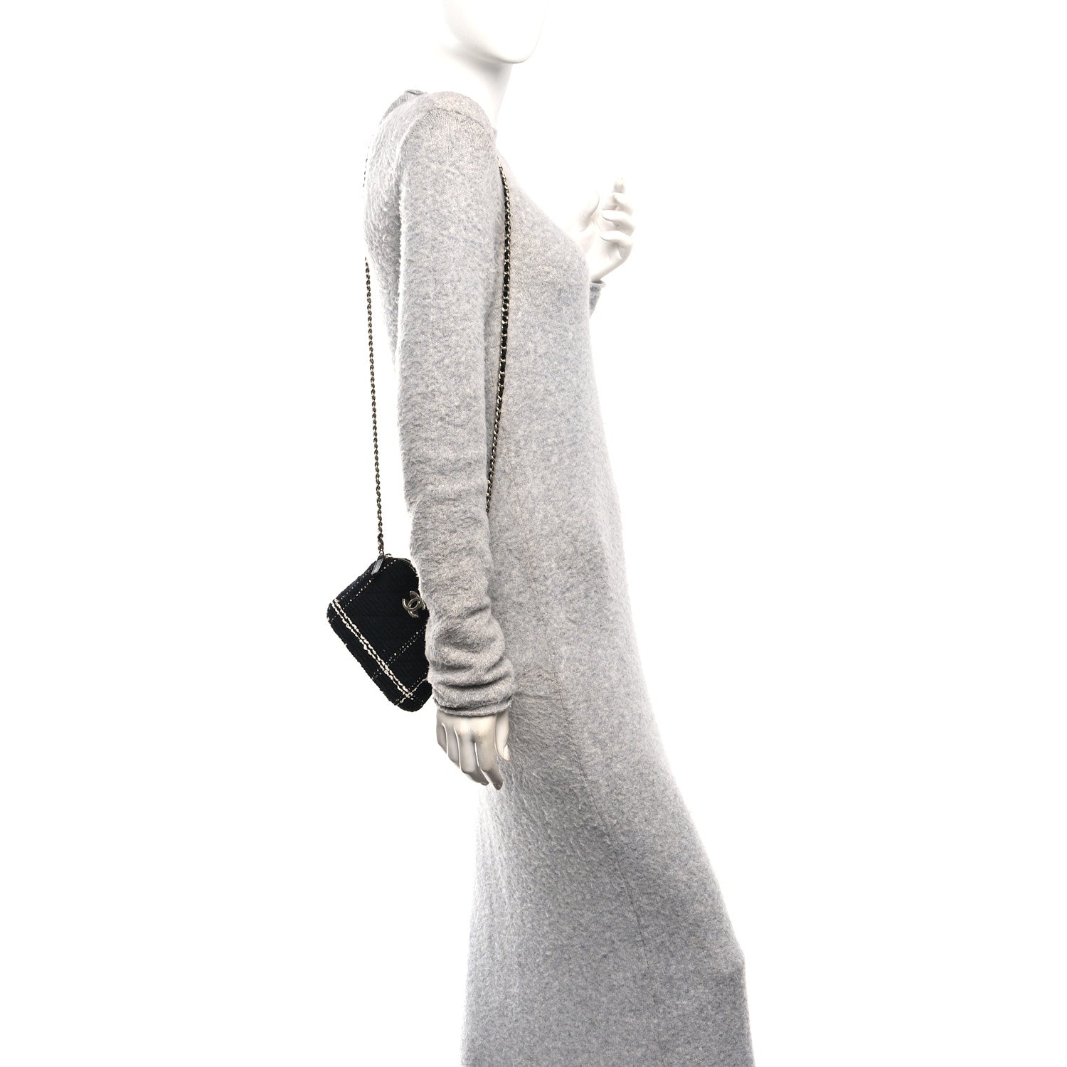 Chanel Tweed Quilted Mini Clutch With Chain Black White
