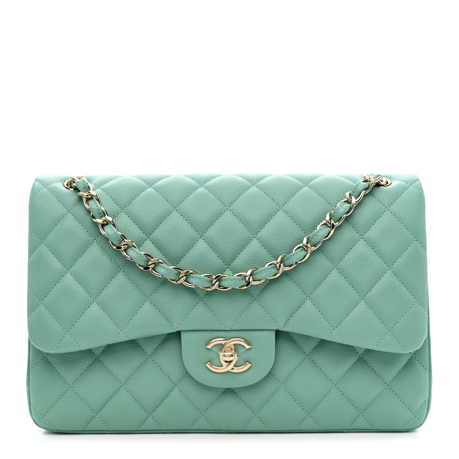 Chanel Caviar Quilted Jumbo Double Flap Light Green