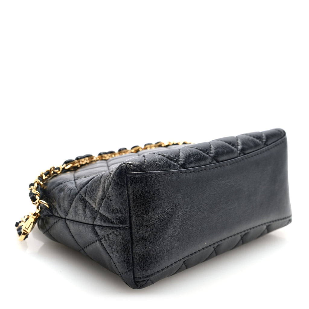 Chanel Shiny Crumpled Calfskin Quilted Clutch With Chain Black