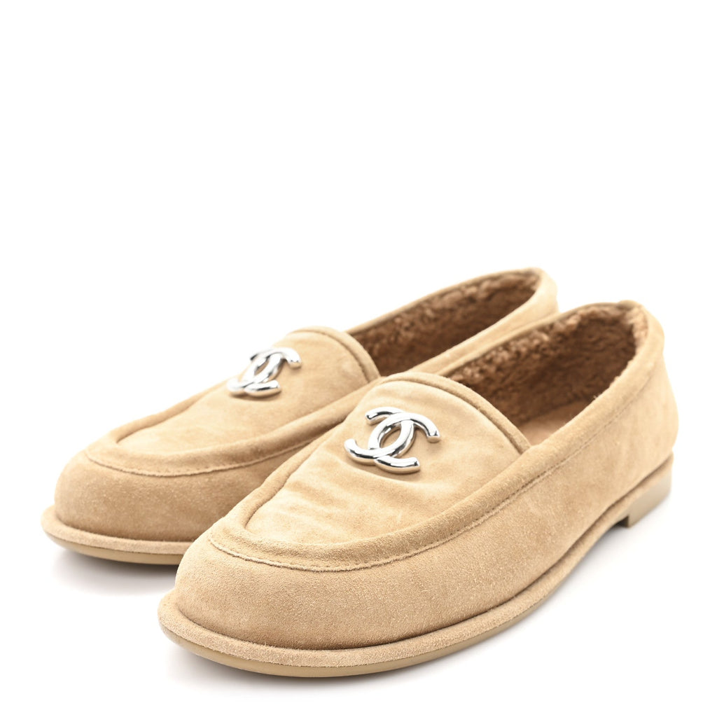 Chanel Suede Calfskin CC Loafers 37.5 Dark Beige