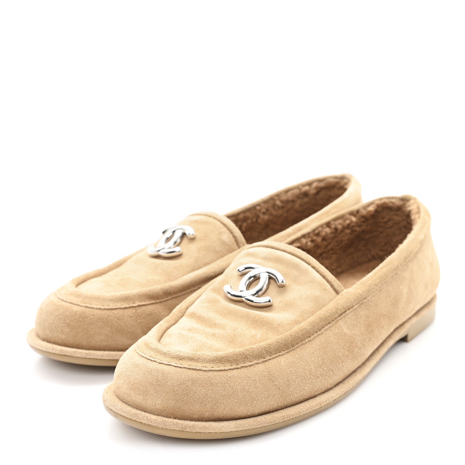 Chanel Suede Calfskin CC Loafers 37.5 Dark Beige