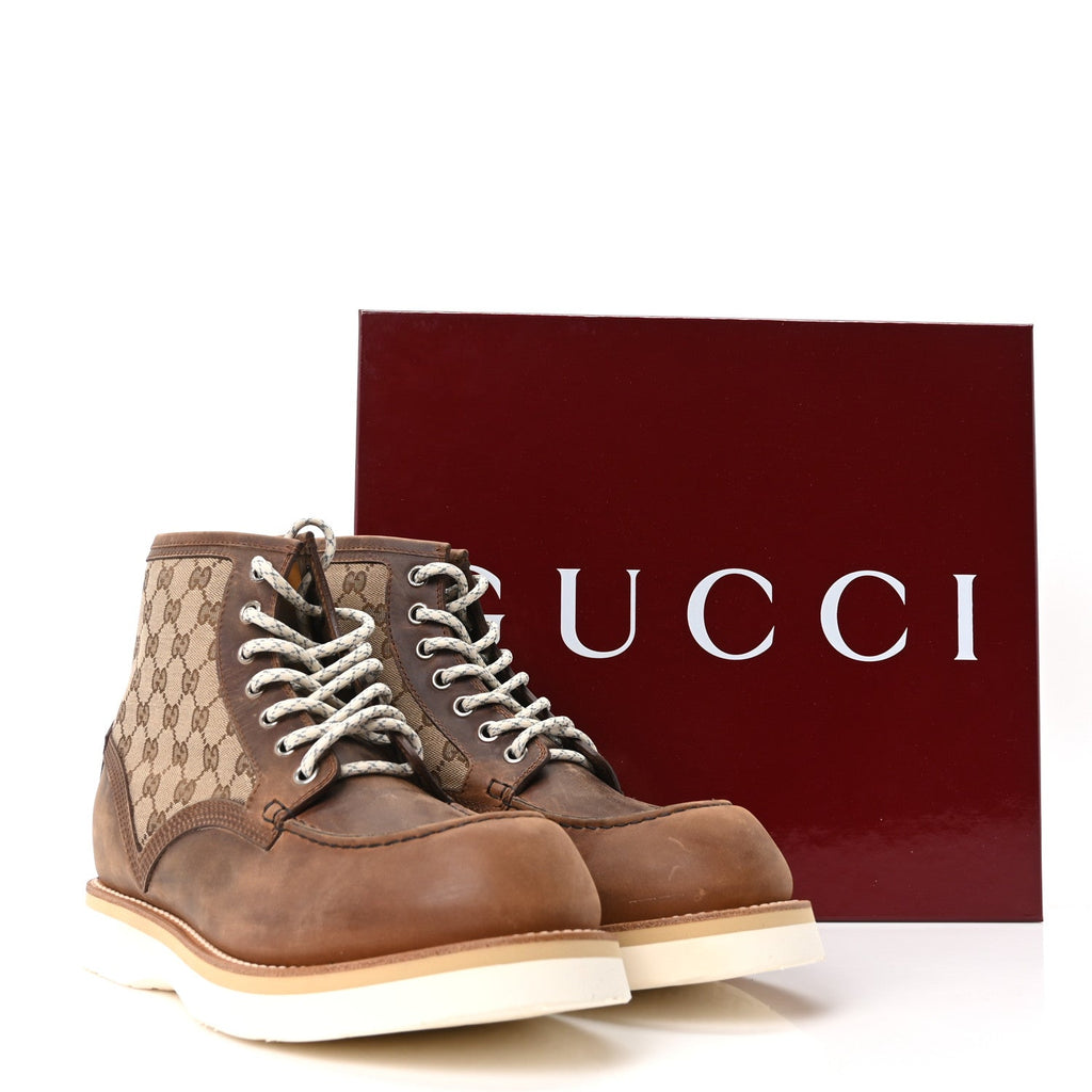 Gucci Garrett Calfskin Monogram Mens Ala Boots 12 Beige Ebony Cuir