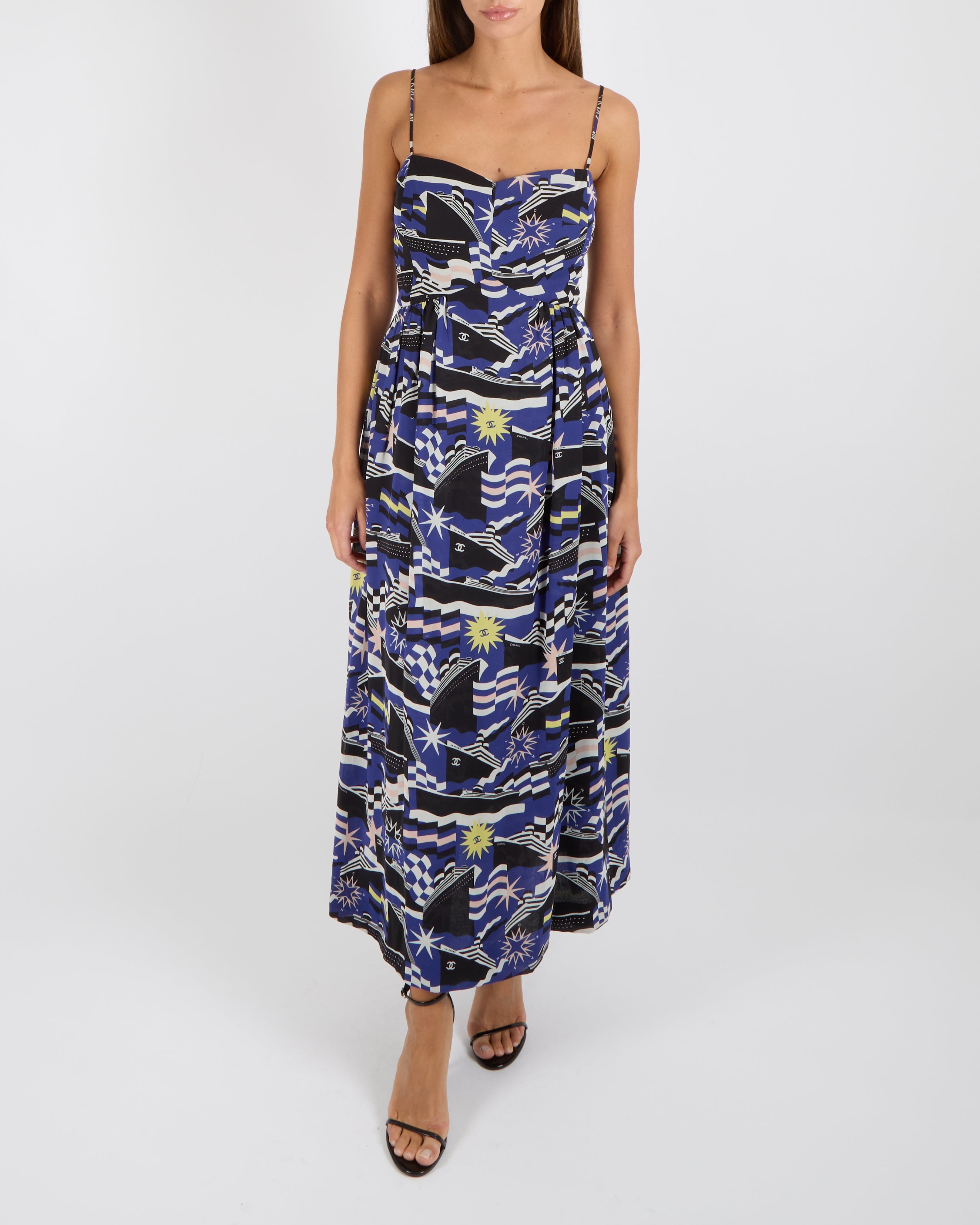 Chanel La Pausa Resort 2019 Blue, White and Black Silk Printed Sleeveless Maxi Dress with Yellow CC Logo Print Details and White Mirror CC Logo Button Size FR 36 (UK 8)