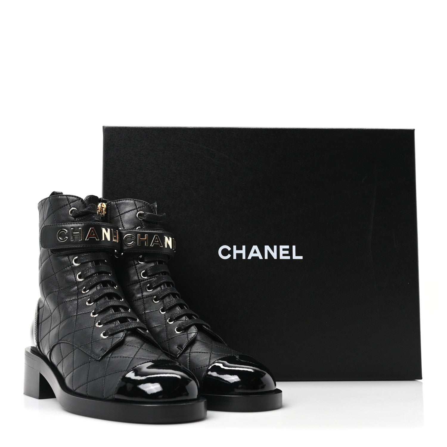 Lambskin Patent Calfskin Quilted Logo Lace Up Combat Boots 39.5 Black