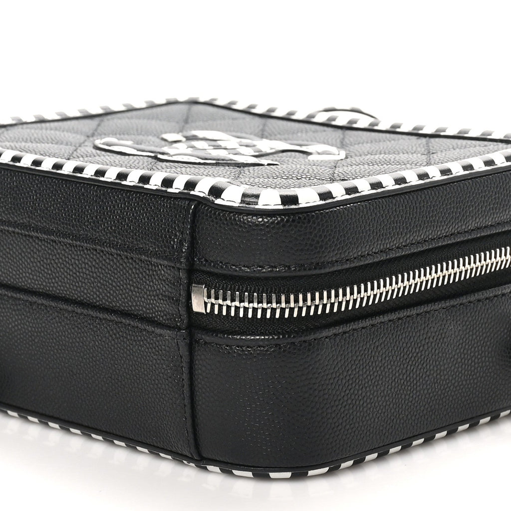 Chanel Caviar Quilted Striped Small CC Filigree Vanity Case Black White
