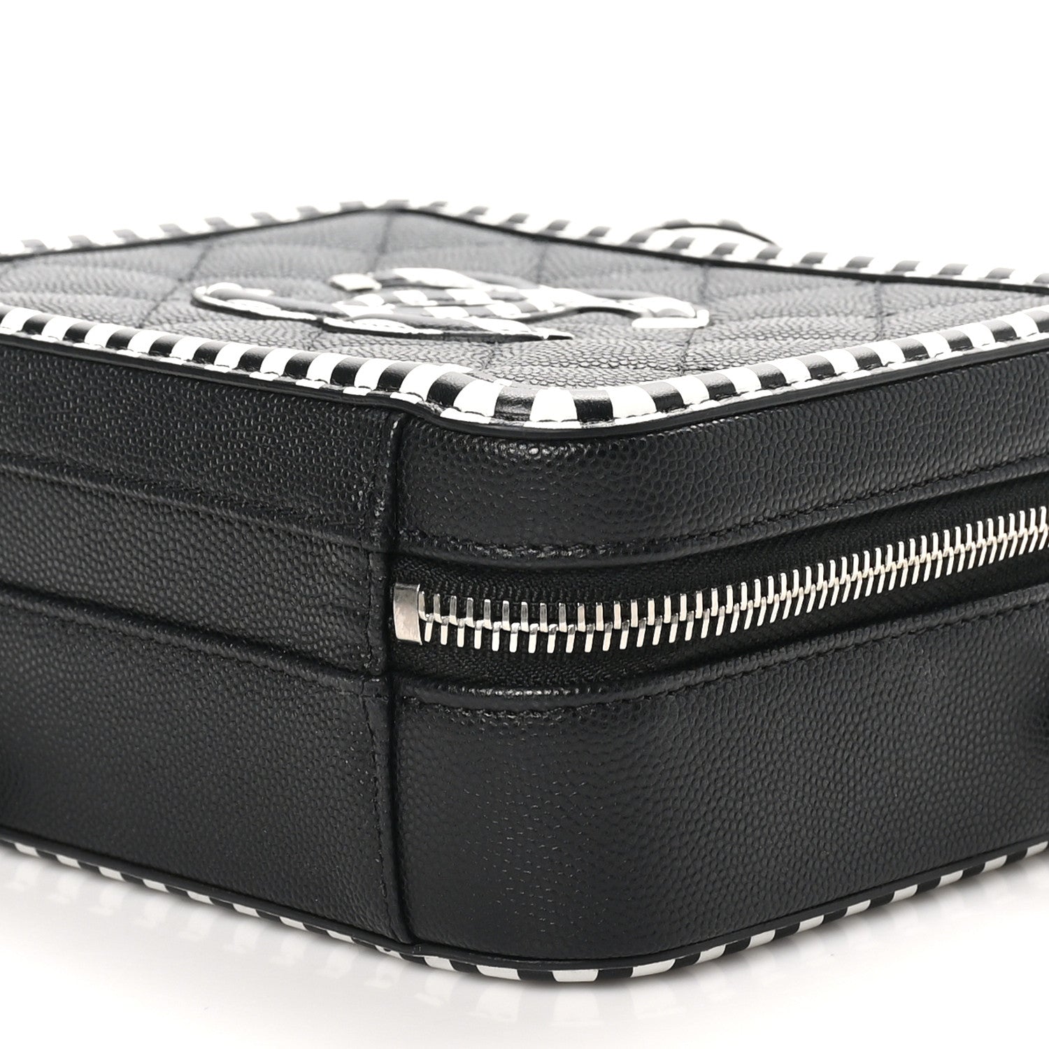 Chanel Caviar Quilted Striped Small CC Filigree Vanity Case Black White