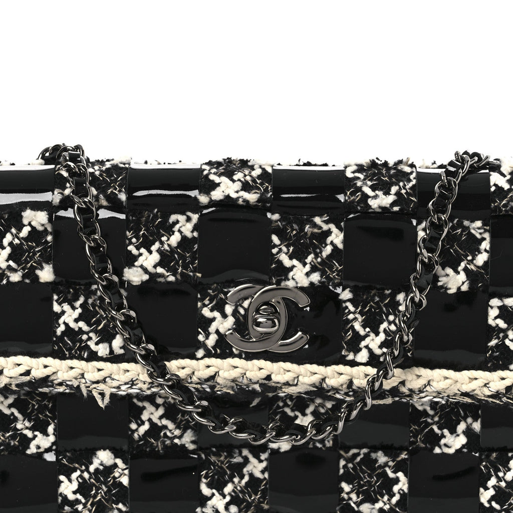 Chanel Tweed Patent Quilted Rectangular Flap Black White