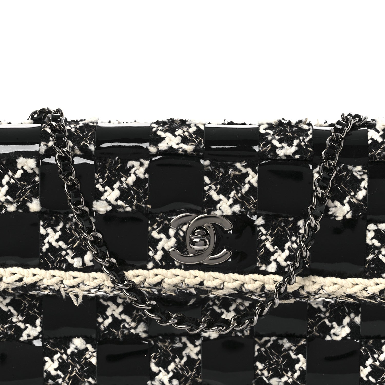 Chanel Tweed Patent Quilted Rectangular Flap Black White