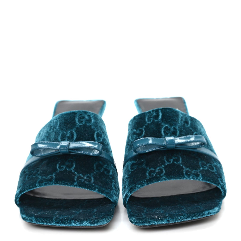 Gucci New Velvet Ashmir Regent Calfskin GG Monogram Square Toe Bow 45mm Slide Sandals Peacock Blue 39.5