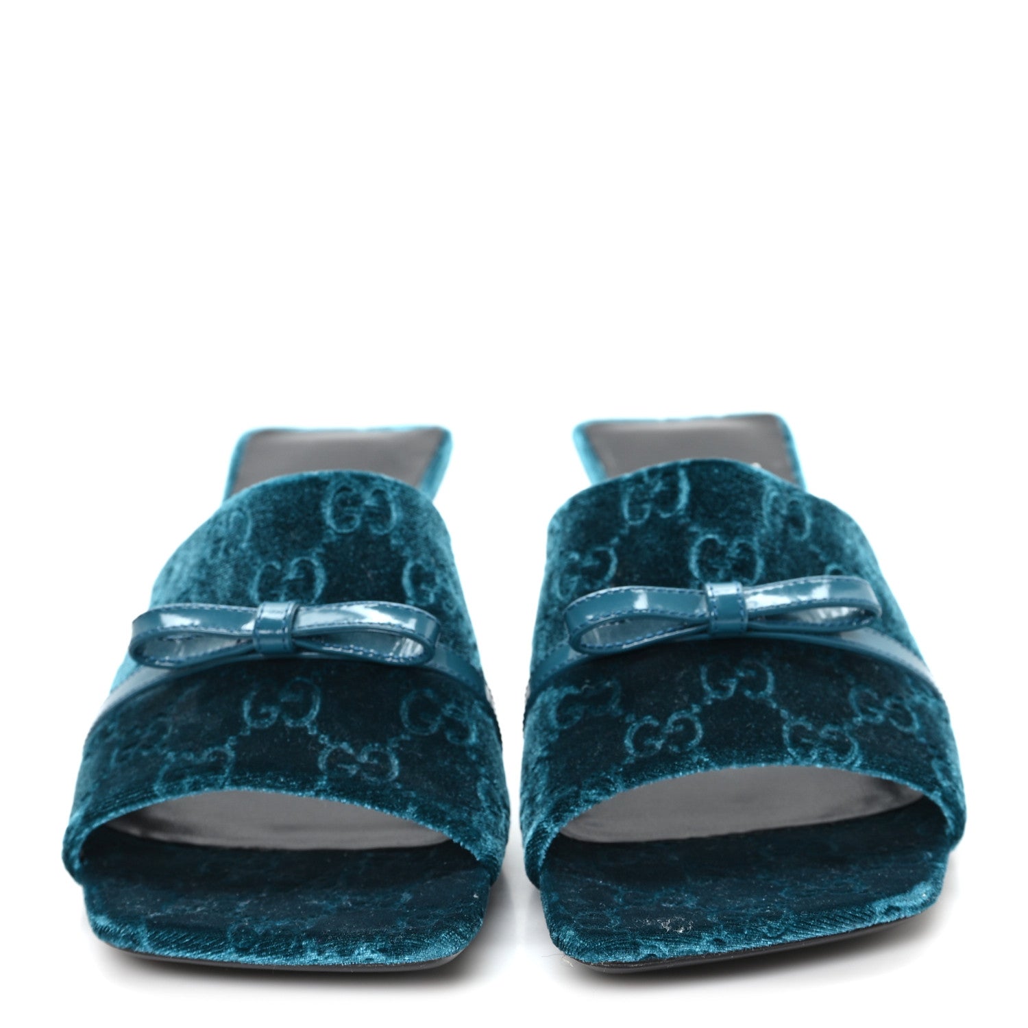 Gucci New Velvet Ashmir Regent Calfskin GG Monogram Square Toe Bow 45mm Slide Sandals Peacock Blue 39.5
