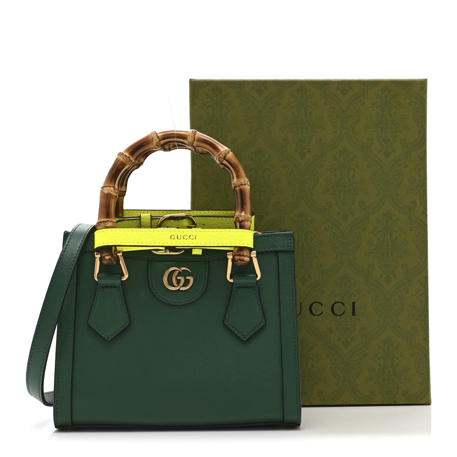 Gucci Wonka Grain Calfskin Mini Diana Tote Bag Green Yellow Fluo