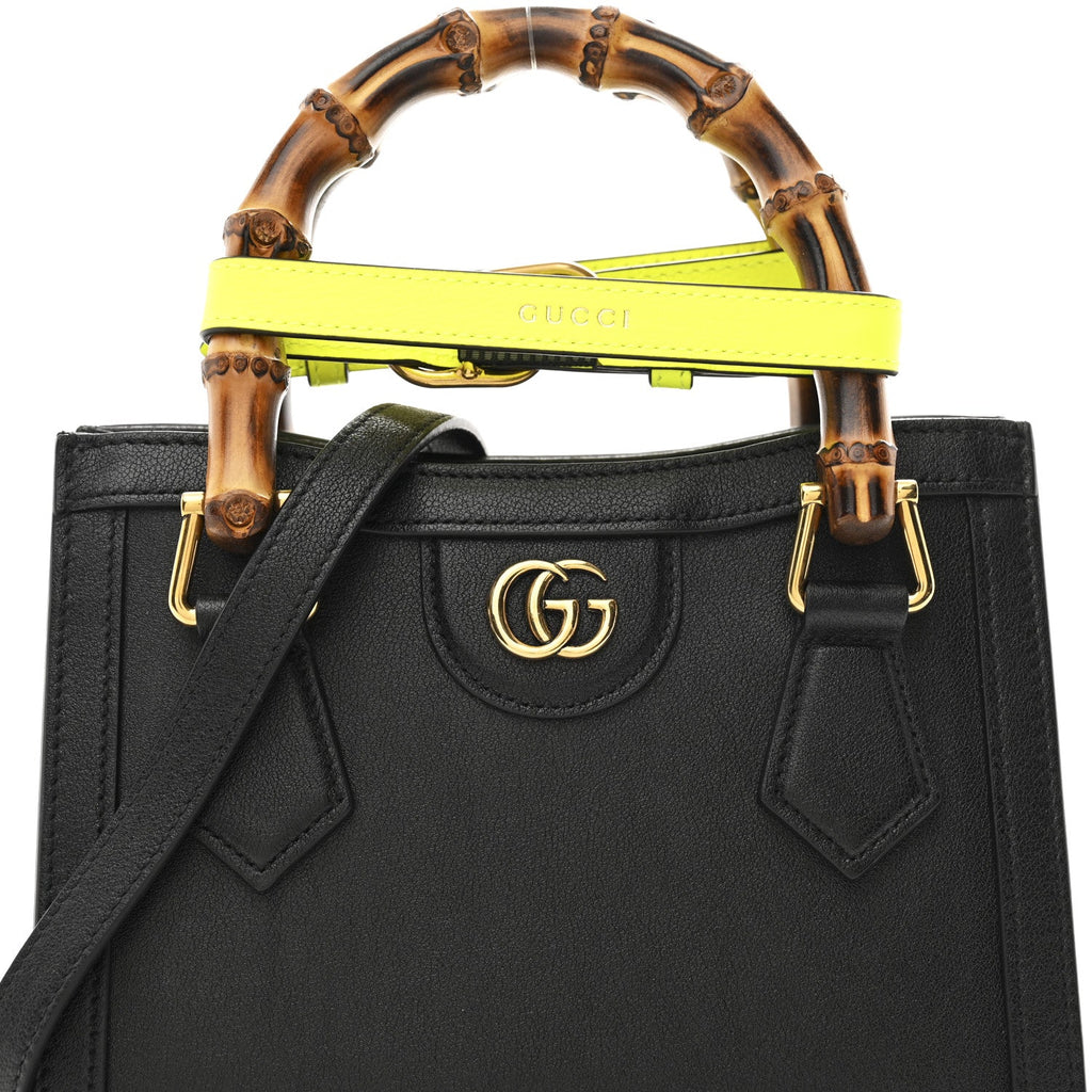 Gucci Wonka Grain Calfskin Mini Diana Tote Bag Black Yellow Fluo