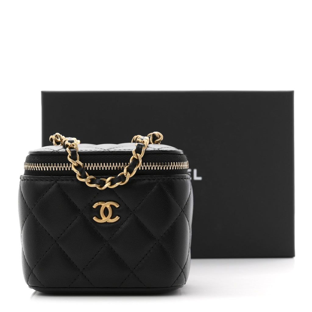 Chanel Lambskin Quilted Mini Pearl Crush Vanity Case With Chain Black