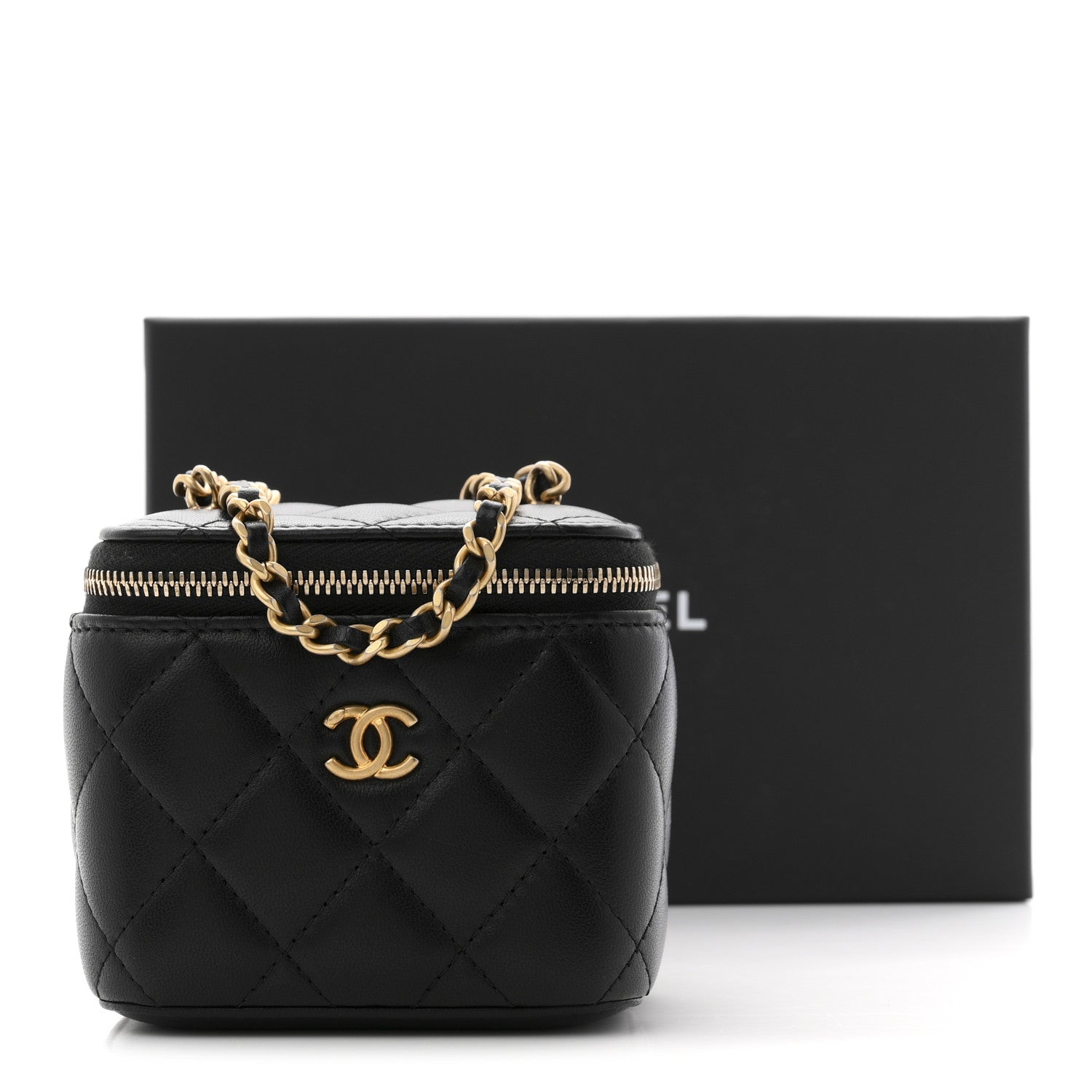 Chanel Lambskin Quilted Mini Pearl Crush Vanity Case With Chain Black