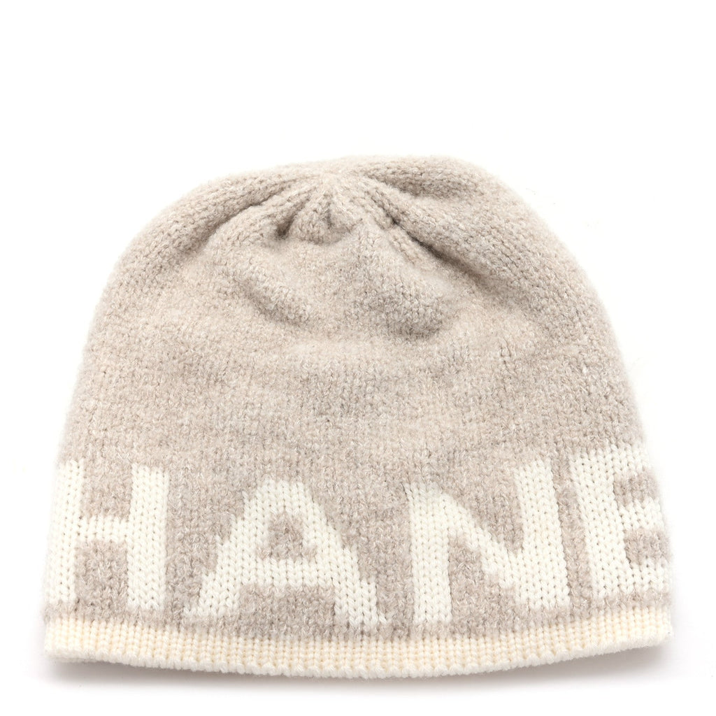Cashmere Wool Silk Logo Beanie Hat Beige White