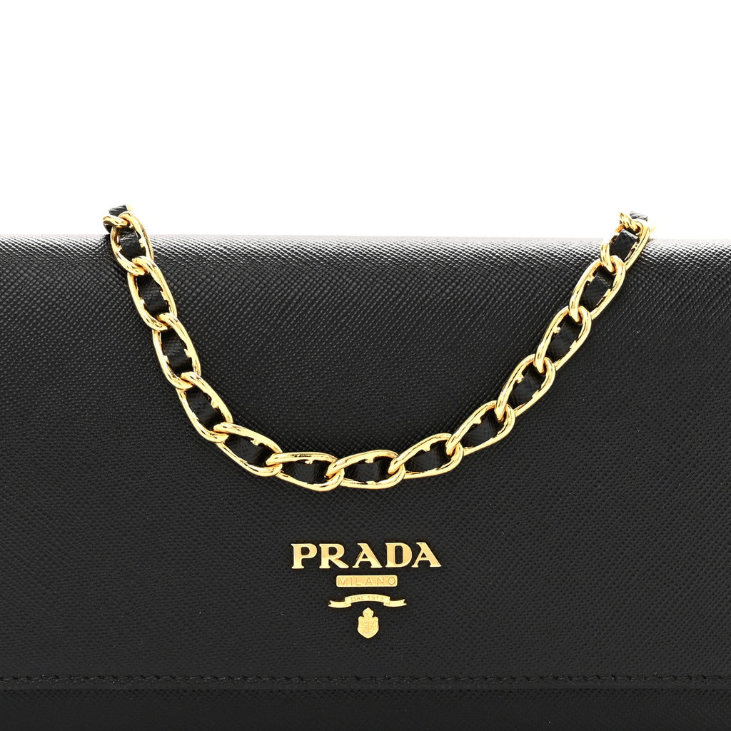 Prada Saffiano Metal Oro Chain Wallet Black