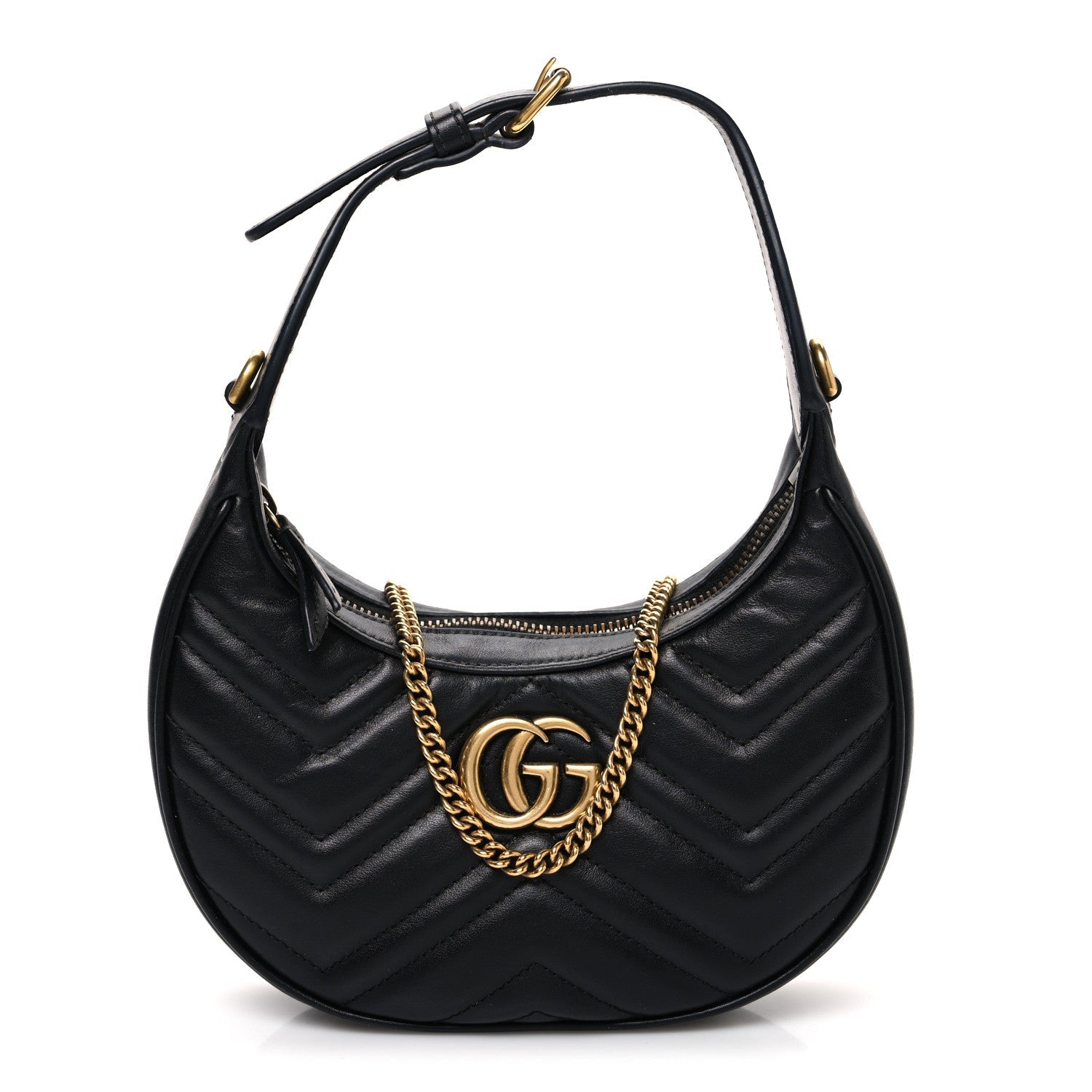 Gucci Calfskin Matelasse Chevron Mini GG Marmont Half Moon Hobo Black