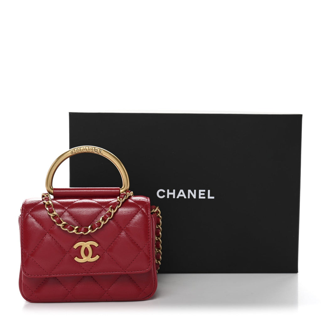 Chanel Shiny Lambskin Quilted Mini Metal Top Handle Clutch With Chain  Red