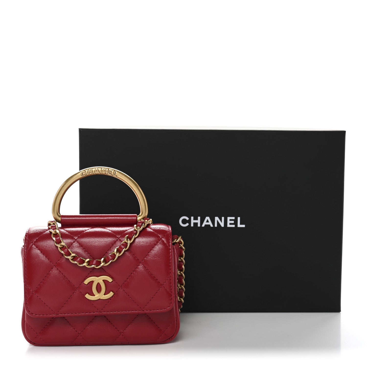 Chanel Shiny Lambskin Quilted Mini Metal Top Handle Clutch With Chain  Red