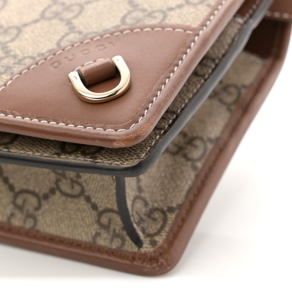 Gucci GG Supreme Monogram Textured Calfskin Emblem Super Mini Shoulder Bag Beige Dark Brown