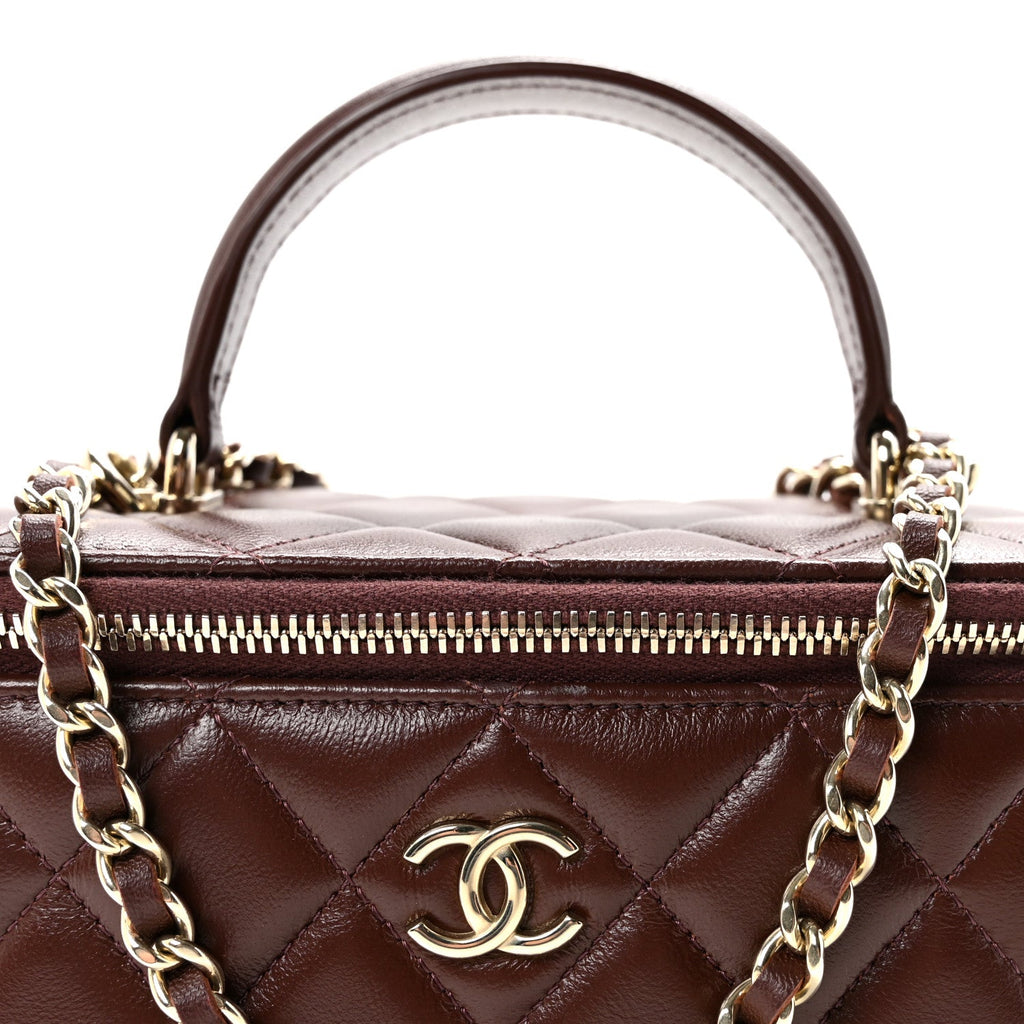 Chanel Lambskin Quilted Small Top Handle Vanity Case With Chain Dark Brown