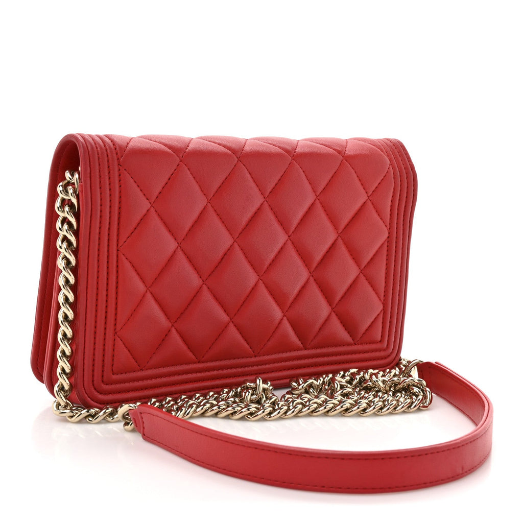 Chanel Lambskin Quilted Boy Wallet On Chain WOC Red