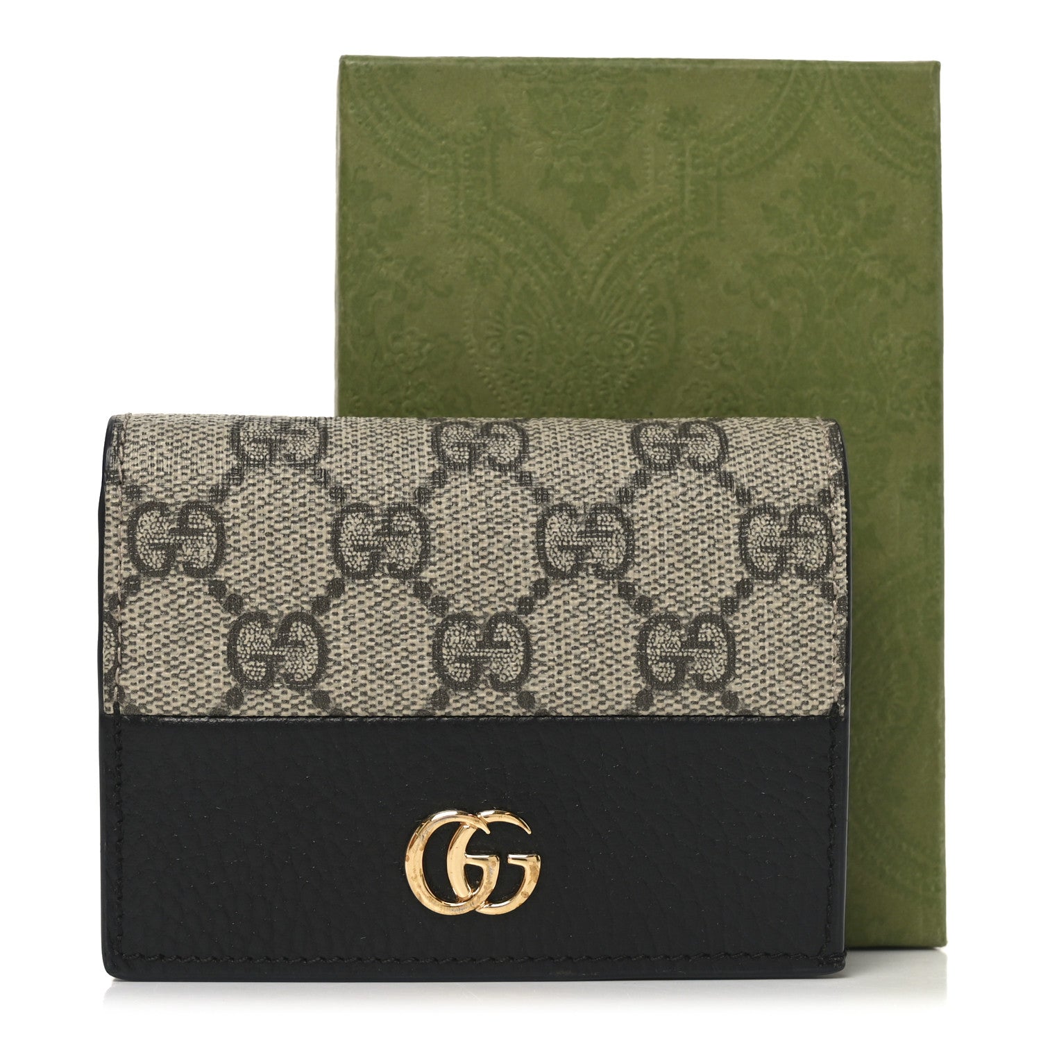 Gucci Dollar Calfskin GG Supreme Monogram GG Marmont Card Case Black Beige Ebony