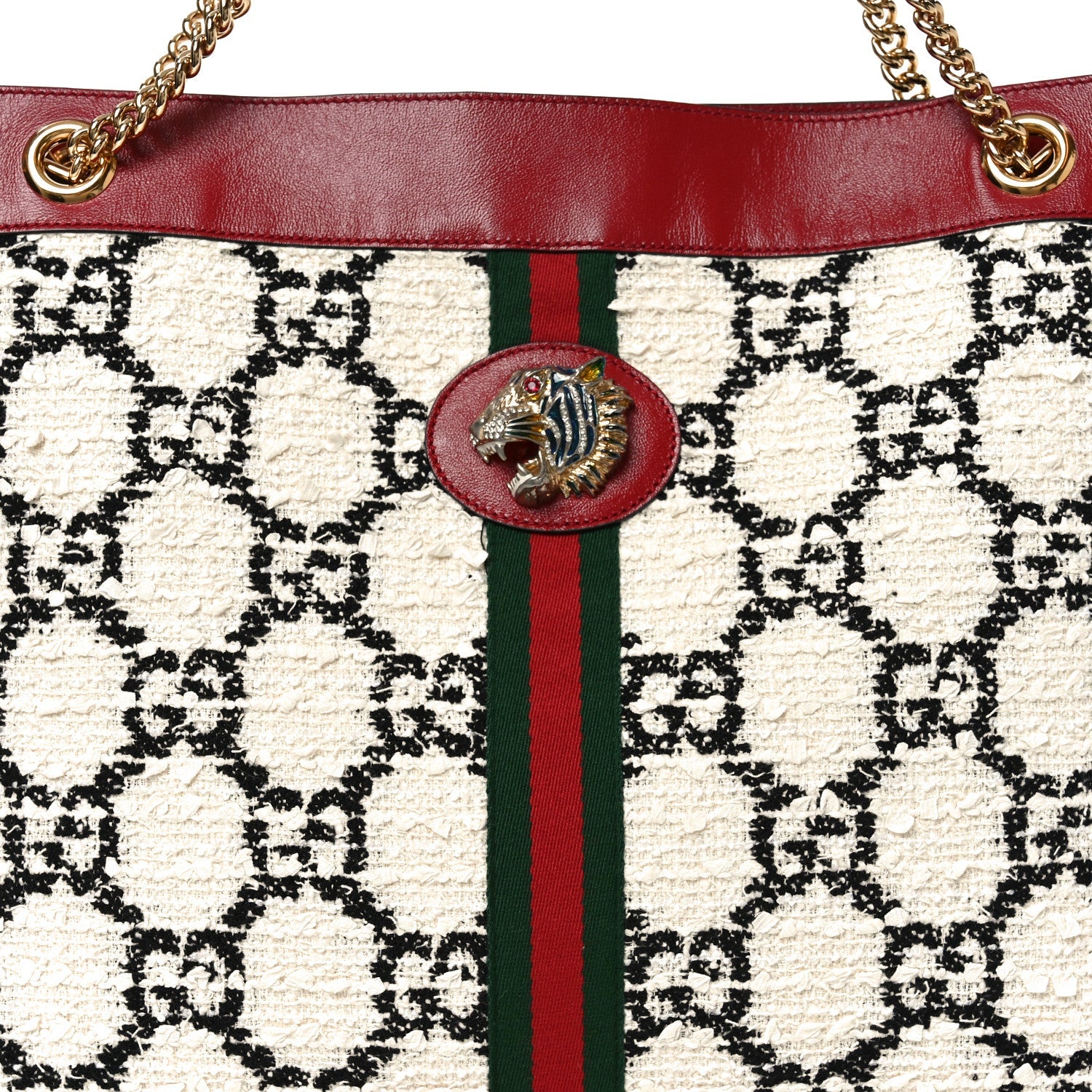 Gucci Tweed GG Monogram Large Rajah Chain Tote White Black Romantic Cherry
