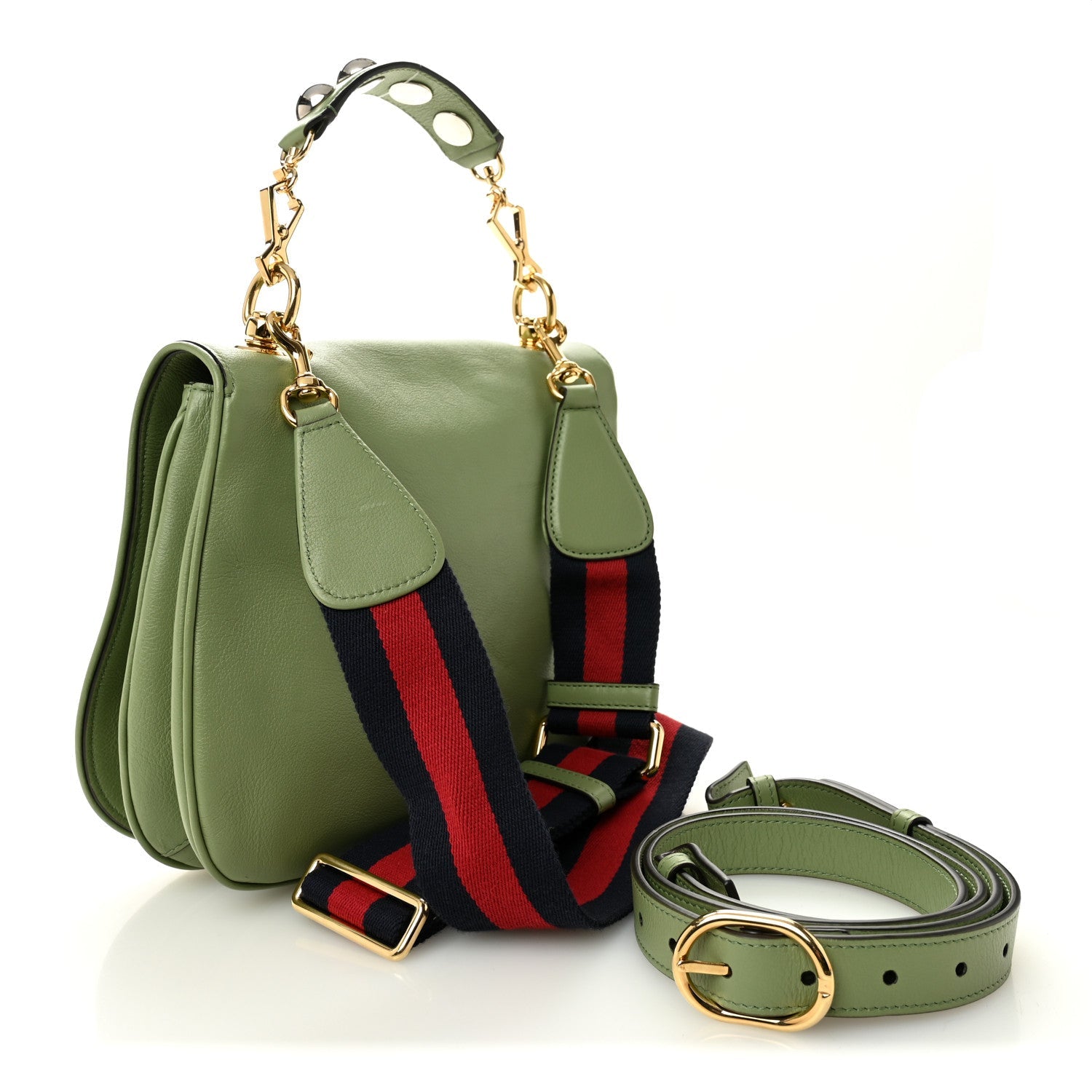 Gucci Roxy Calfskin Web Medium Blondie Top Handle Shoulder Flap Bag Salamander Green