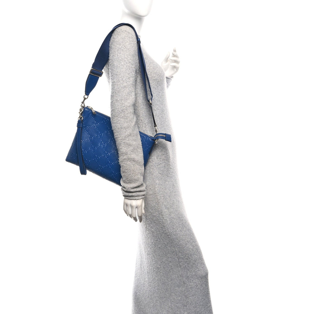 Gucci Calfskin GG Tennis Embossed Medium Wristlet Messenger Bag Intense Metal Blue