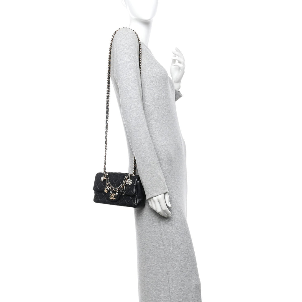 Chanel Lambskin Quilted Mini Coco Charms Rectangular Flap Black
