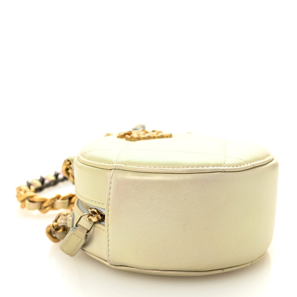 Chanel Iridescent Calfskin Quilted Chanel 19 Round Clutch With Chain White