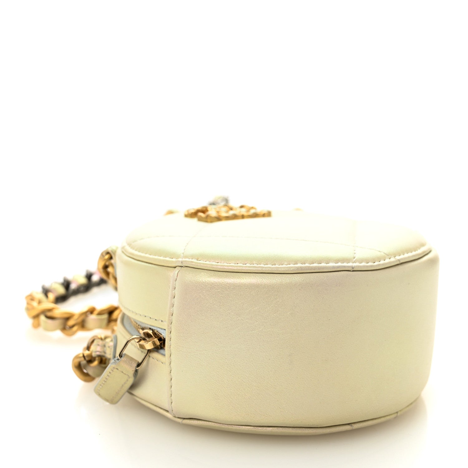 Chanel Iridescent Calfskin Quilted Chanel 19 Round Clutch With Chain White