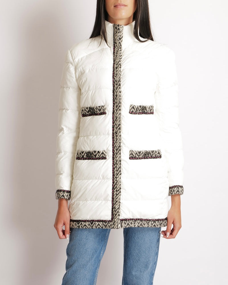 Chanel Fall Winter 2018 White Puffer Coat with Black and White Tweed Trims with Metallic Pink Details and Silver and Black CC Logo Buttons Size FR 38 (UK 10)