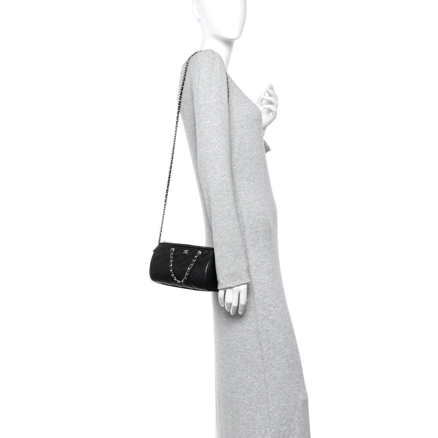 Chanel Caviar Quilted Barrel Clutch With Chain Black