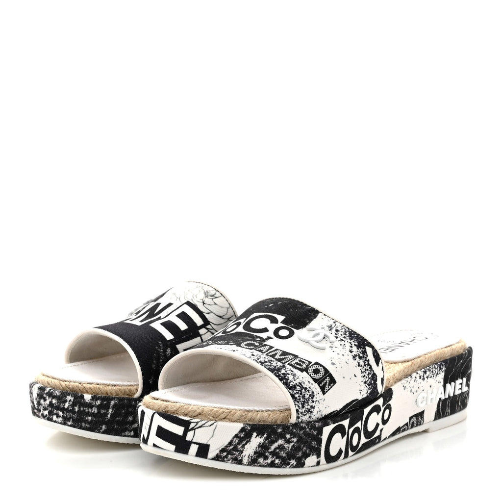 Fabric Grosgrain Printed CC Espadrille Slip On Sandals 36 Black White