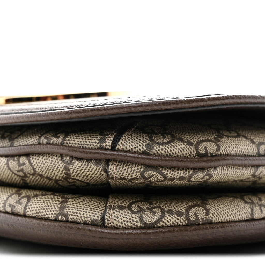 Gucci GG Supreme Monogram Textured Dollar Calfskin Web Medium Blondie Top Handle Shoulder Flap Bag Beige Ebony New Acero
