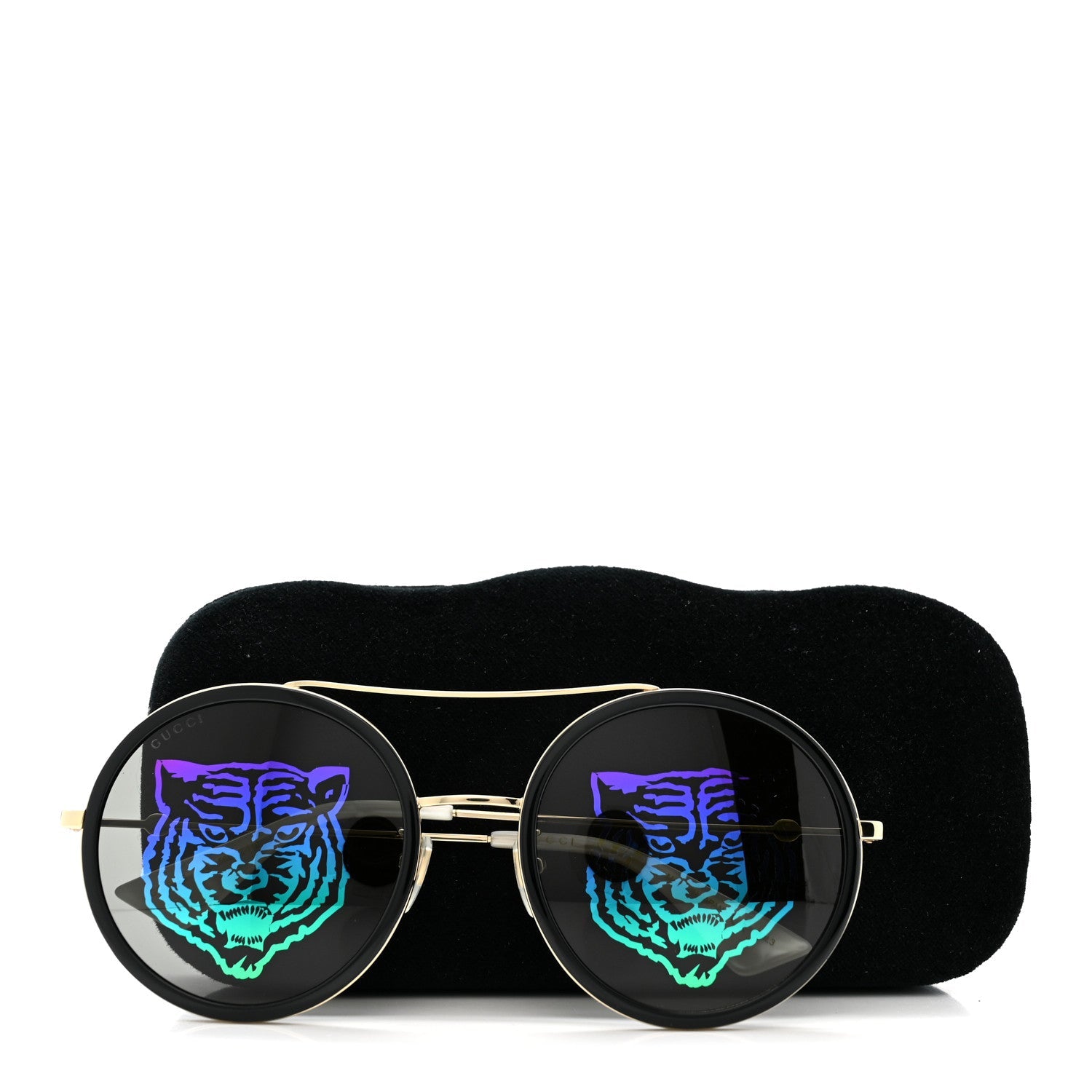 Gucci Metal Round Frame Tiger Print Sunglasses GG0061S Gold