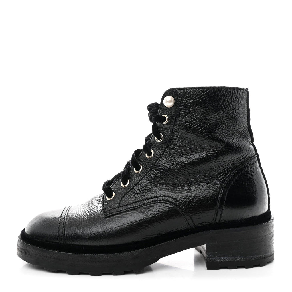 Chanel Shiny Calfskin Velvet Pearl Combat Short Boots 39 Black