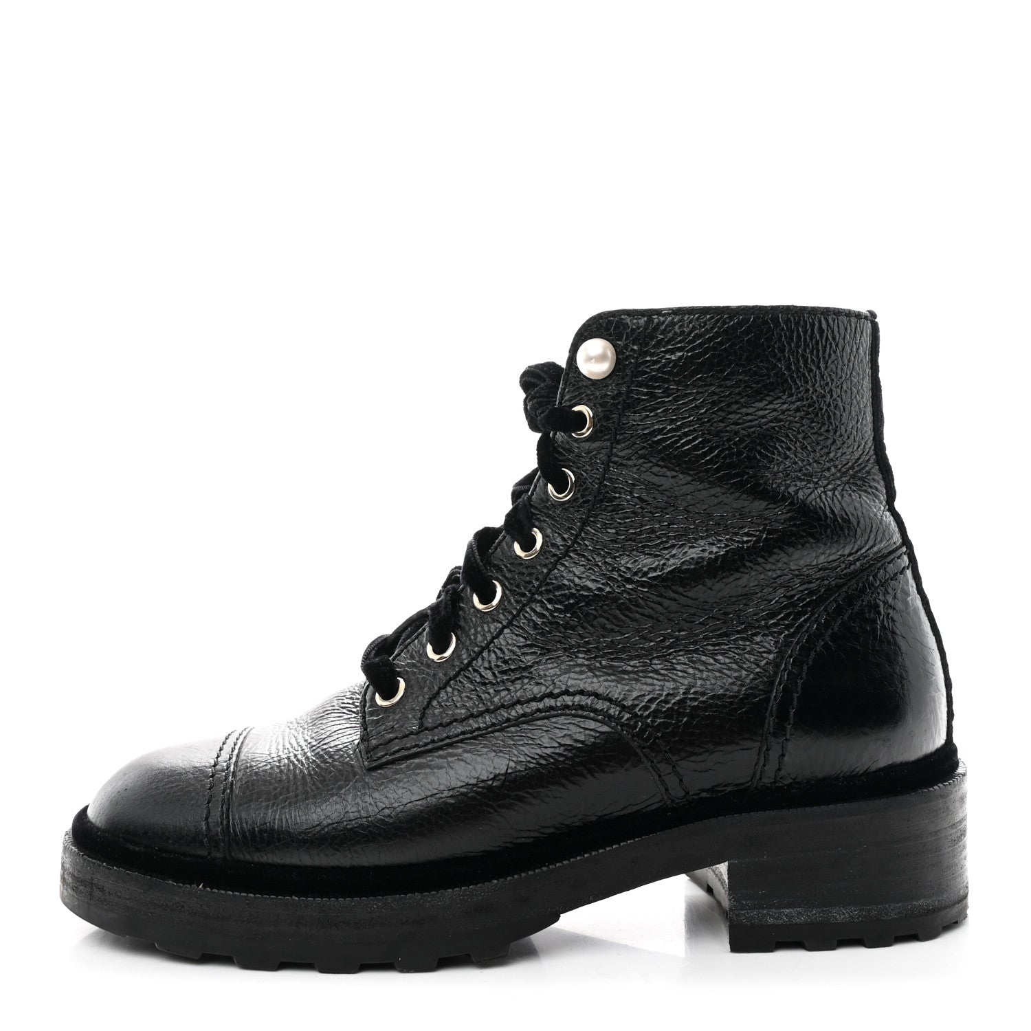 Chanel Shiny Calfskin Velvet Pearl Combat Short Boots 39 Black