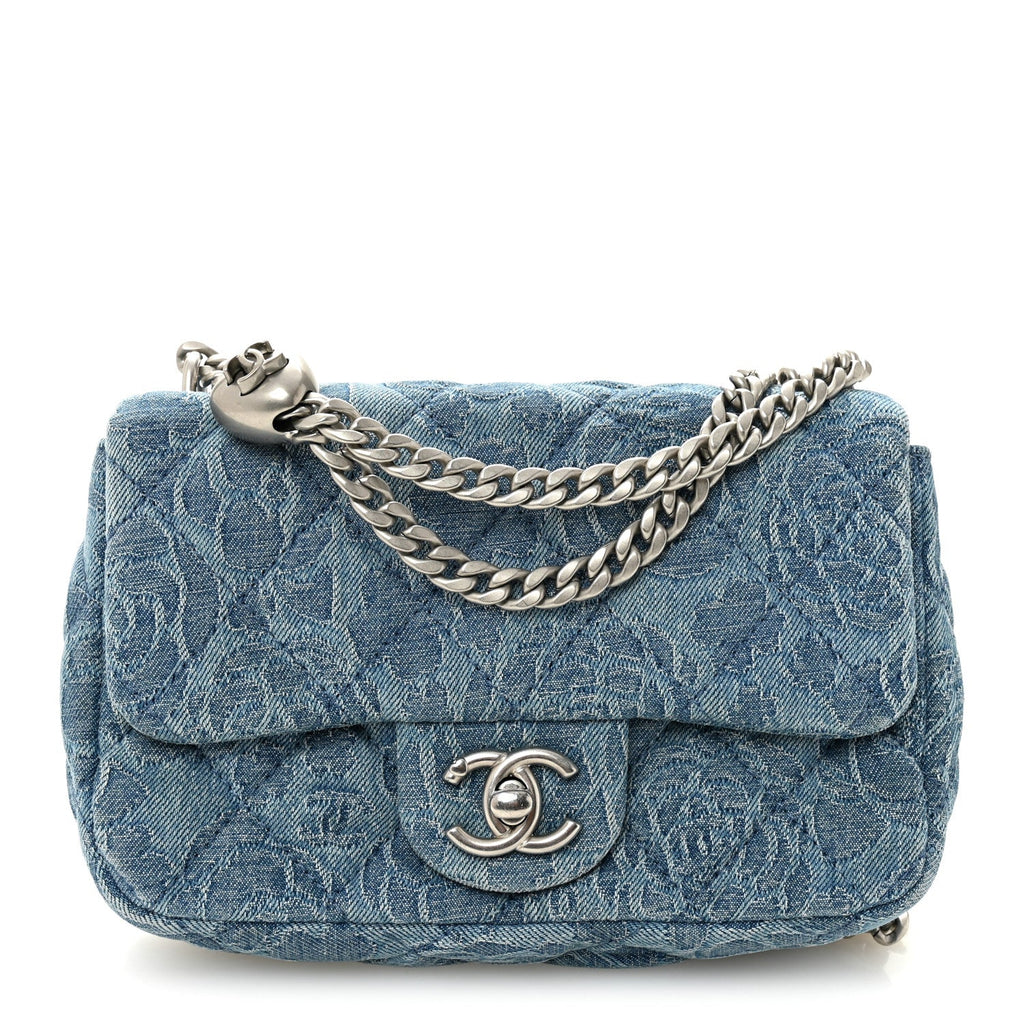 Chanel Denim Quilted Camellia Sweetheart Mini Rectangular Flap Blue
