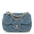 Chanel Denim Quilted Camellia Sweetheart Mini Rectangular Flap Blue