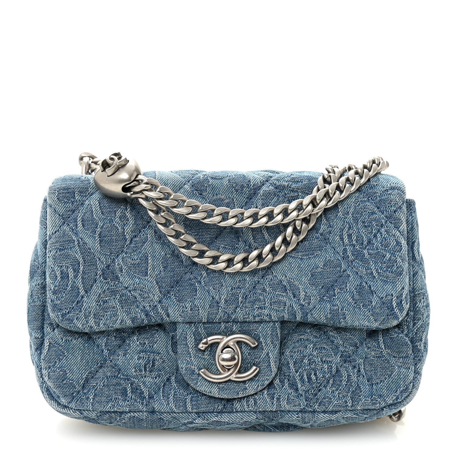 Chanel Denim Quilted Camellia Sweetheart Mini Rectangular Flap Blue