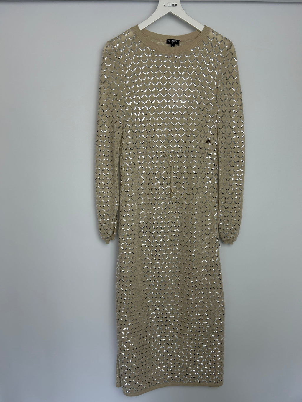 Chanel Cream Angora & Silk Long Sleeve Maxi Dress with Silver Metallic Detail & Drawstring Waist Size FR 34 (UK 6)