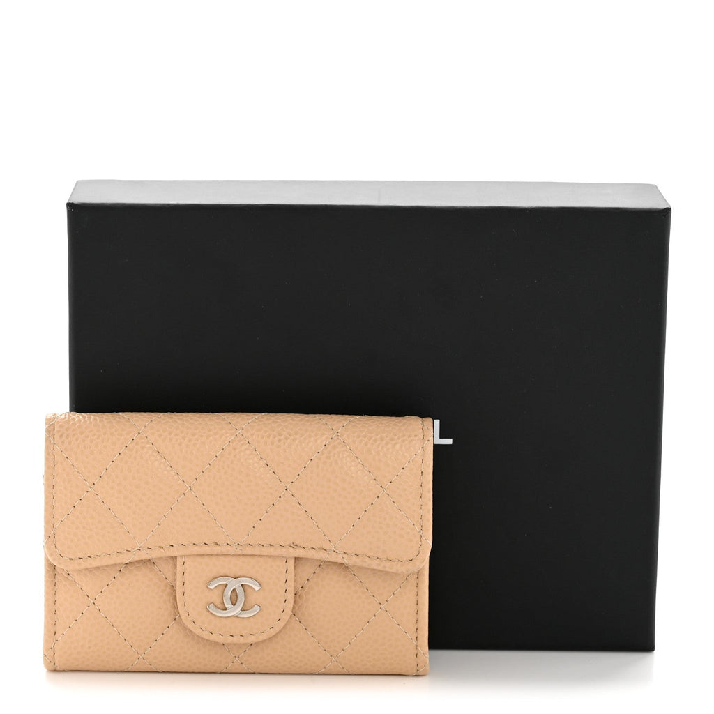 Caviar Quilted Flap Card Holder Wallet Beige